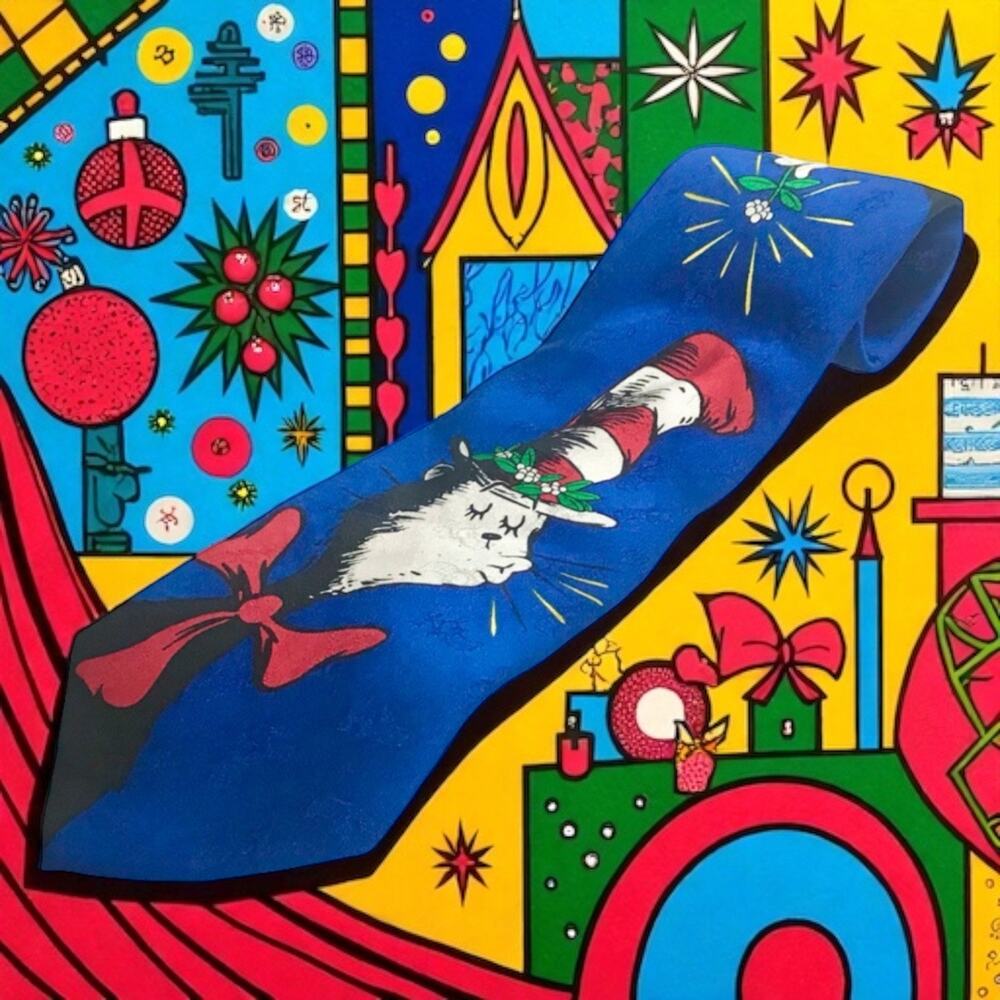Dr. Seuss The Cat In The Hat Blue 100% Silk Christmas Mistletoe Necktie Tie